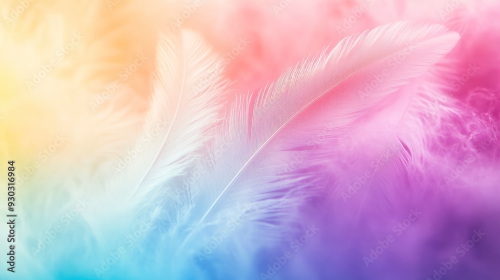 Wall mural abstract feather rainbow patchwork background. closeup image of white fluffy feather under colorful 