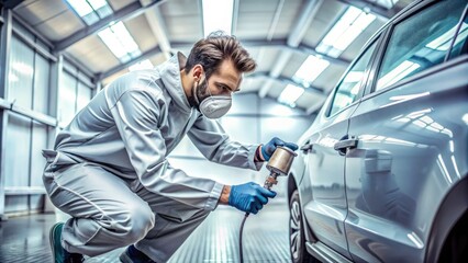 A skilled mechanic meticulously paints a car in a well-equipped garage, surrounded by tools and equipment, focusing on a flawless finish in a controlled environment.