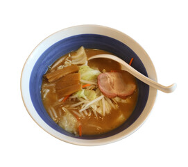 Ramen in a porcelain bowl with a spoon, with transparent image.