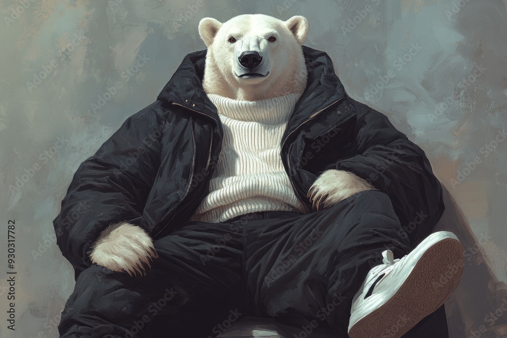 Wall mural A polar bear wearing a black jacket and white sweater sits on a wall, playful and humorous mood, animal funny pop art