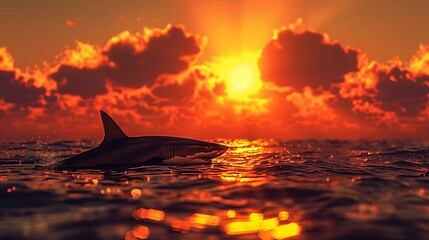 Fototapeta premium A shark swimming in the ocean during a vibrant sunset.