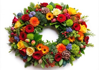 Fototapeta premium Vibrant seasonal flowers and lush greenery combine in a stunning wreath and bouquet arrangement, perfect for decorating homes and celebrating festive occasions.
