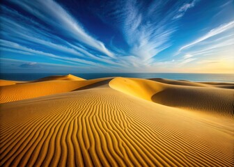 Naklejka premium Soft, undulating waves of golden sand stretch towards the horizon, forming natural dunes against a serene blue sky, with ample copy space available.