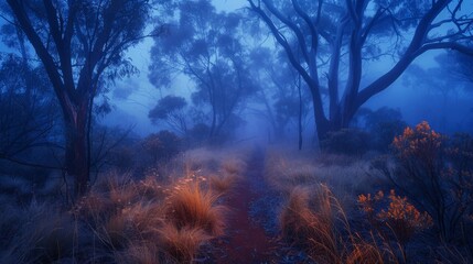 Mystical fog envelops a winding path through eucalyptus trees at dawn