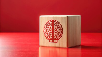 Robot brain icon on a red wooden cube, symbolizing innovative artificial intelligence and machine learning technology, set against a bold red background, representing business and finance.