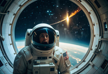 Astronaut in the landing dome, dark sky with stars is visible.