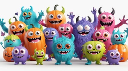 Obraz premium Funny 3D Halloween monster set with colorful kawaii characters, including big eyes, fangs, and raised hands on a white background