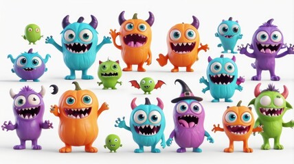 Naklejka premium Funny 3D Halloween monster set with colorful kawaii characters, including big eyes, fangs, and raised hands on a white background