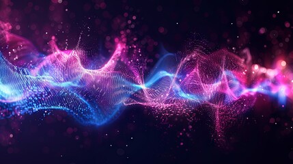 Abstract colorful audio or sound wave background illustration. Music frequency curve line, digital radio signal spectrum, voice equalizer effect, volume waveform element in flow motion, neon vibrant