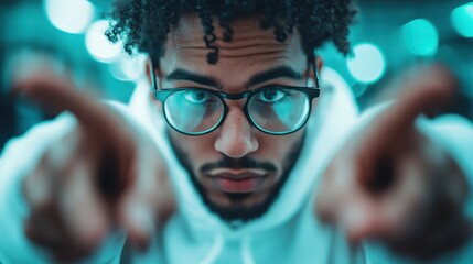 A close-up shot of a young man wearing glasses and a white hoodie, pointing towards the camera with both hands, with a blurred background of blue lights.