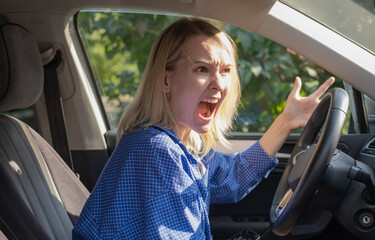 Stressed woman drive car feeling sad and shocked. Caucasian blond girl shouting and feeling frustrated.