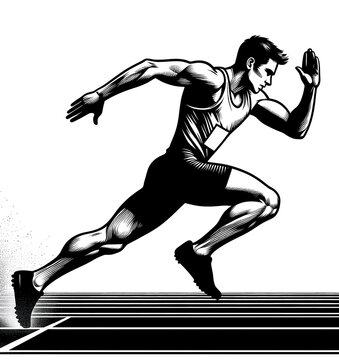 Isolated vector illustration of male athlete running in track and field competition on white background.	