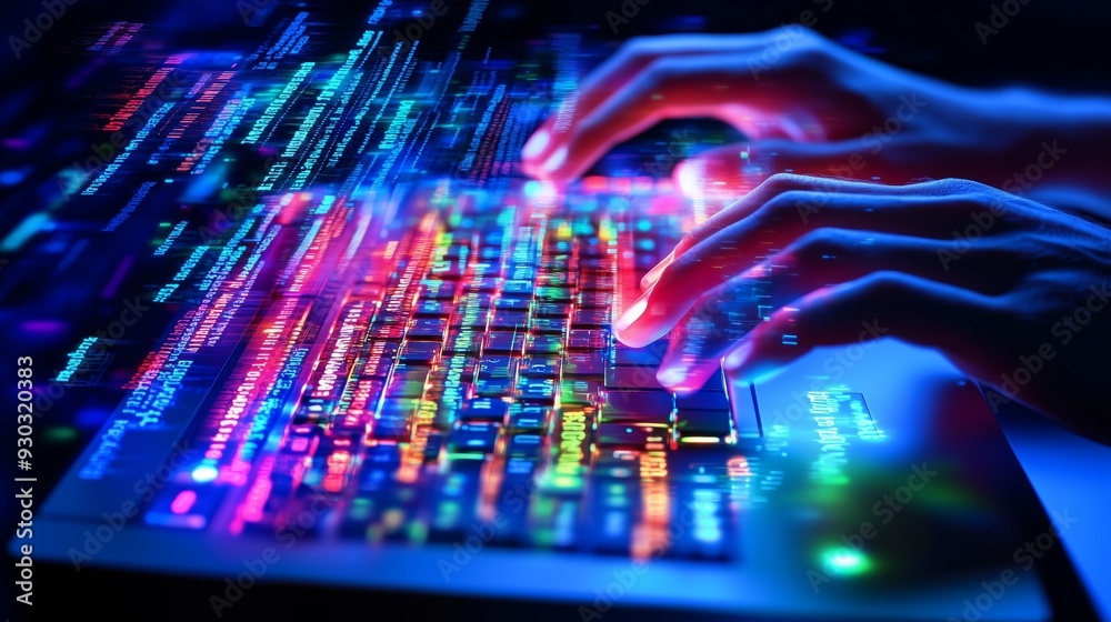 Poster a pair of hands types on a sleek keyboard, surrounded by glowing, neon code in floating text boxes.