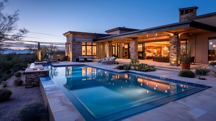 A modern home with a pool at twilight, showcasing outdoor living and relaxation.