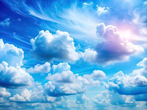 Vibrant blue pastel sky with soft, white cumulus clouds, symbolizing freedom, hope, and positivity, evoking feelings of empowerment and motivation to never give up.