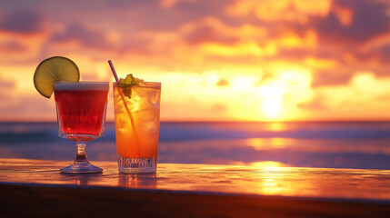 two glass of cocktails on bar, sunset beach background 