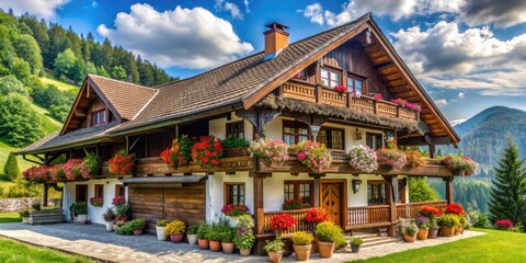 Fototapeta premium Rustic guest house blends Transylvanian and Swiss Alpine styles, featuring exposed beams, ornate veranda with floral motifs, and traditional Swiss-inspired roof in a picturesque setting.