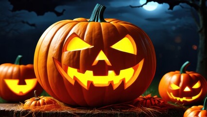 Halloween night, pumpkins, dark atmosphere