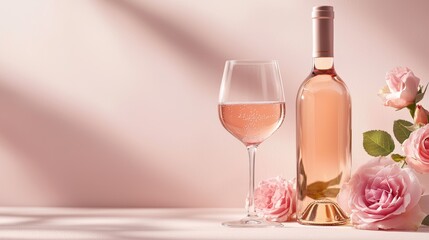 Elegant Rosé Wine Bottle with Glass and Pink Roses