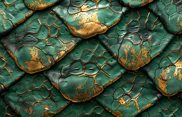 Fototapeta premium Green and gold snake skin texture background with copy space,