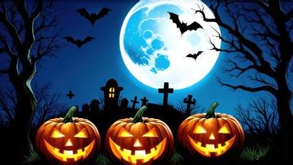 Haunted background with illustrations of pumpkins, a cemetery and bats in the middle of a full moon. Premium illustration for banners, posters, greetings and Halloween celebrations