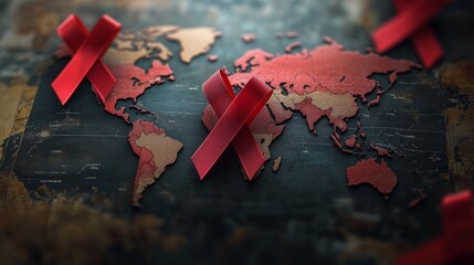 Regions on a world map are marked with red ribbons to denote affected areas