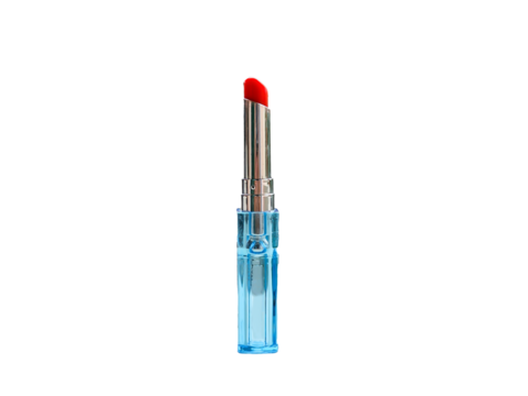 red lipstick tube in silver and light blue cover on transparent background