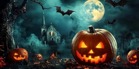 Pumpkin zombie Rising Out Of A Graveyard cemetery and church In Spooky scary dark Night full moon bats on tree. Generative AI