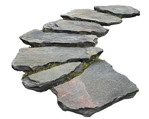 A stone path with moss growing on it. The path is long and winding, leading to a destination. The moss adds a natural and serene touch to the scene, creating a peaceful atmosphere