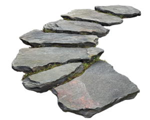 A stone path with moss growing on it. The path is long and winding, leading to a destination. The moss adds a natural and serene touch to the scene, creating a peaceful atmosphere