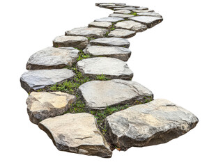 A stone path with moss growing on it. The path is long and winding, leading to a destination. The moss adds a natural and serene touch to the scene, creating a peaceful atmosphere