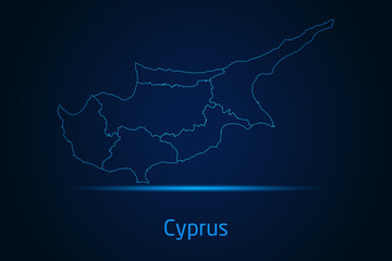 Obraz premium Abstract High Detailed Glow Blue Map on Dark Background of Map of Cyprus symbol for your web site design map logo, app, Travel. Vector illustration eps 10. 