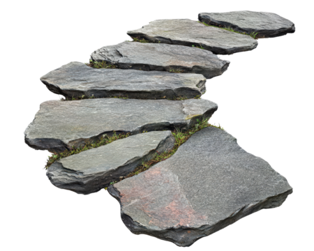 A stone path with moss growing on it. The path is long and winding, leading to a destination. The moss adds a natural and serene touch to the scene, creating a peaceful atmosphere