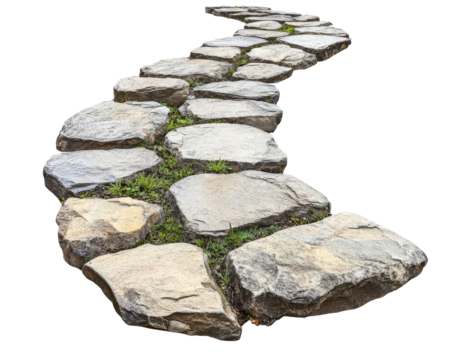 A stone path with moss growing on it. The path is long and winding, leading to a destination. The moss adds a natural and serene touch to the scene, creating a peaceful atmosphere