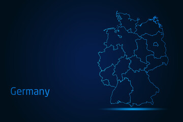 Abstract High Detailed Glow Blue Map on Dark Background of Map of Germany symbol for your web site design map logo, app, Travel. Vector illustration eps 10.	
