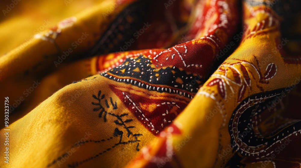 Poster a beautifully patterned fabric showcases rich colors and detailed stitching, creating a warm and inv