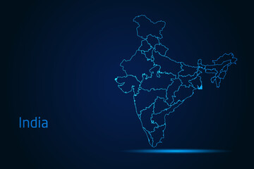 Abstract High Detailed Glow Blue Map on Dark Background of Map of India symbol for your web site design map logo, app, Travel. Vector illustration eps 10.	
