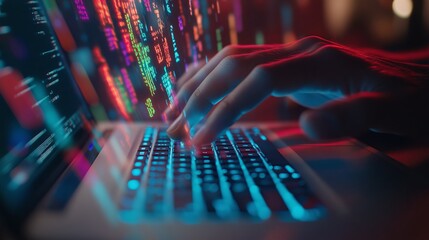 Hands type on a backlit laptop in a dim room, with colorful code floating around.