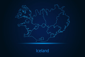 Abstract High Detailed Glow Blue Map on Dark Background of Map of Iceland symbol for your web site design map logo, app, Travel. Vector illustration eps 10.	
