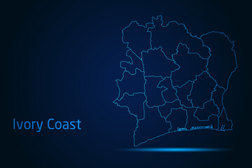 Abstract High Detailed Glow Blue Map on Dark Background of Map of Ivory Coast symbol for your web site design map logo, app, Travel. Vector illustration eps 10.	
