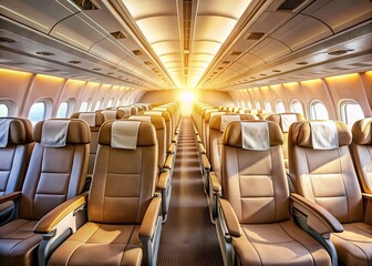 Naklejka premium Serene and vacant, the airplane cabin's rows of seats stretch towards the front, softly illuminated by natural light pouring in through the windows.