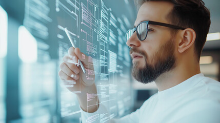 Male entrepreneur drawing preparing business plan on glass while standing with colleagues at office