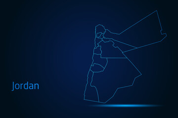 Abstract High Detailed Glow Blue Map on Dark Background of Map of Jordan symbol for your web site design map logo, app, Travel. Vector illustration eps 10.	
