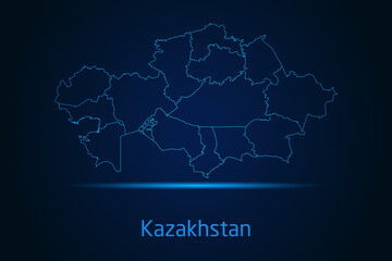 Abstract High Detailed Glow Blue Map on Dark Background of Map of Kazakhstan symbol for your web site design map logo, app, Travel. Vector illustration eps 10.	
