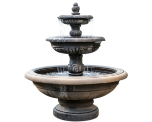 A large fountain with a small one on top. The water is falling from the top and the bottom