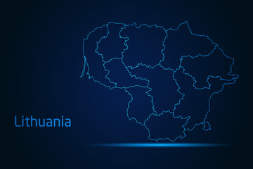 Abstract High Detailed Glow Blue Map on Dark Background of Map of Lithuania symbol for your web site design map logo, app, Travel. Vector illustration eps 10.	
