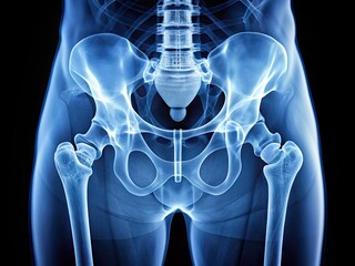 X-ray image displays hip joint and femur fracture fixation in anteroposterior view, showcasing surgical implant and bone realignment with precise anatomical detail.
