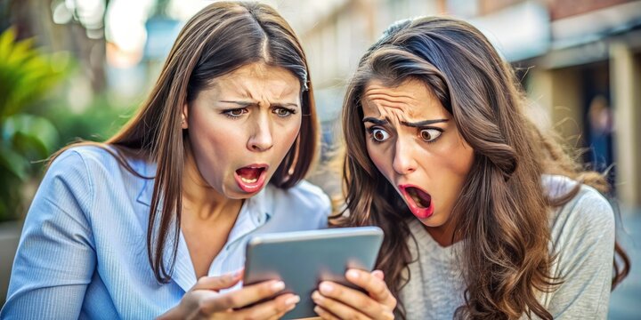 Two horrified females with revulsed facial expressions peer at a mobile device, clearly disturbed by the unpleasant and offensive content displayed on the screen.
