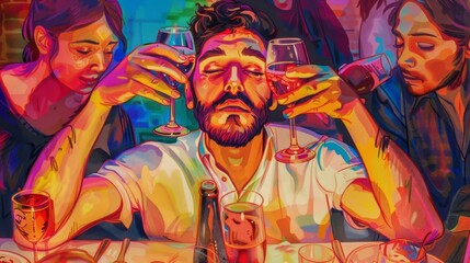 Fototapeta premium Young armenian funny man with beard and open eyes standing at table making toast with cup of wine