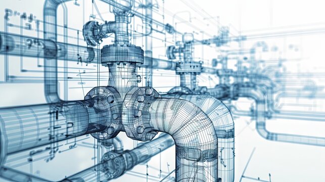 Building pipe and valve tube system architectural blueprint, industrial engineering construction design, factory pipeline technology equipment, gas or oil pump safety structure